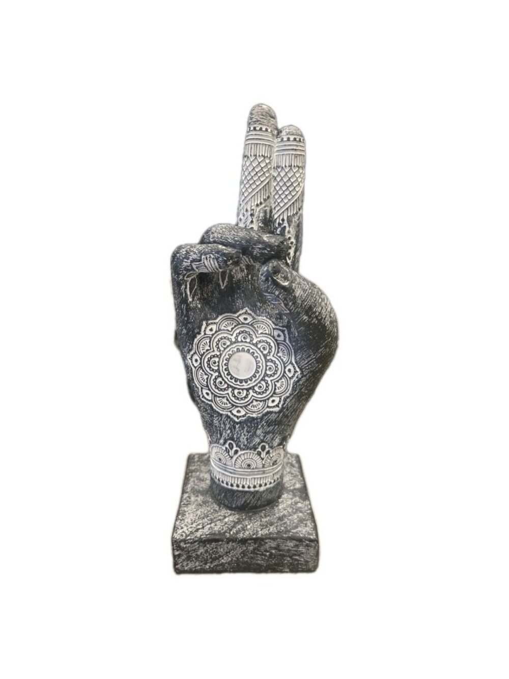 New Black & White Craved Etched India Buddha Peace Sign Hand Sculpture Figure - Picture 4 of 5